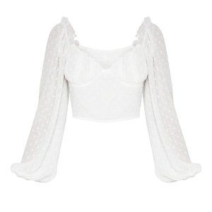 PrettyLittleThing White Dobby Mesh Cup Detail Long Sleeve Crop Top, US 2